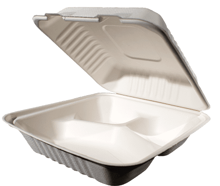 SS39 Emerald Bagasse Hinged Food Containers, 9-in x 9-in x-3-in, 3 Compartment (200ct)